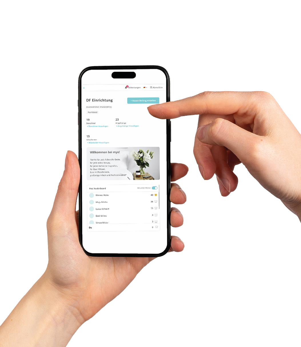 Berlin, Germany May 14 2023 Hands holding mobile phone Iphone 14 pro max, screen mockup, scrolling up with finger, isolated on white background.