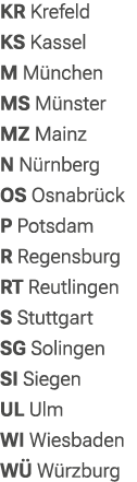KR Krefeld KS Kassel M M nchen MS M nster MZ Mainz N N rnberg OS Osnabr ck P Potsdam R Regensburg RT Reutlingen S Stu...