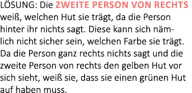L SUNG: Die zweite Person von rechts wei , welchen Hut sie tr gt, da die Person hinter ihr nichts sagt. Diese kann si...