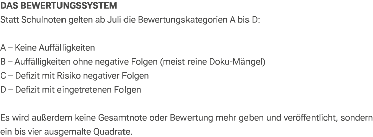 Das Bewertungssystem Statt Schulnoten gelten ab Juli die Bewertungskategorien A bis D: A – Keine Auff lligkeiten B – ...