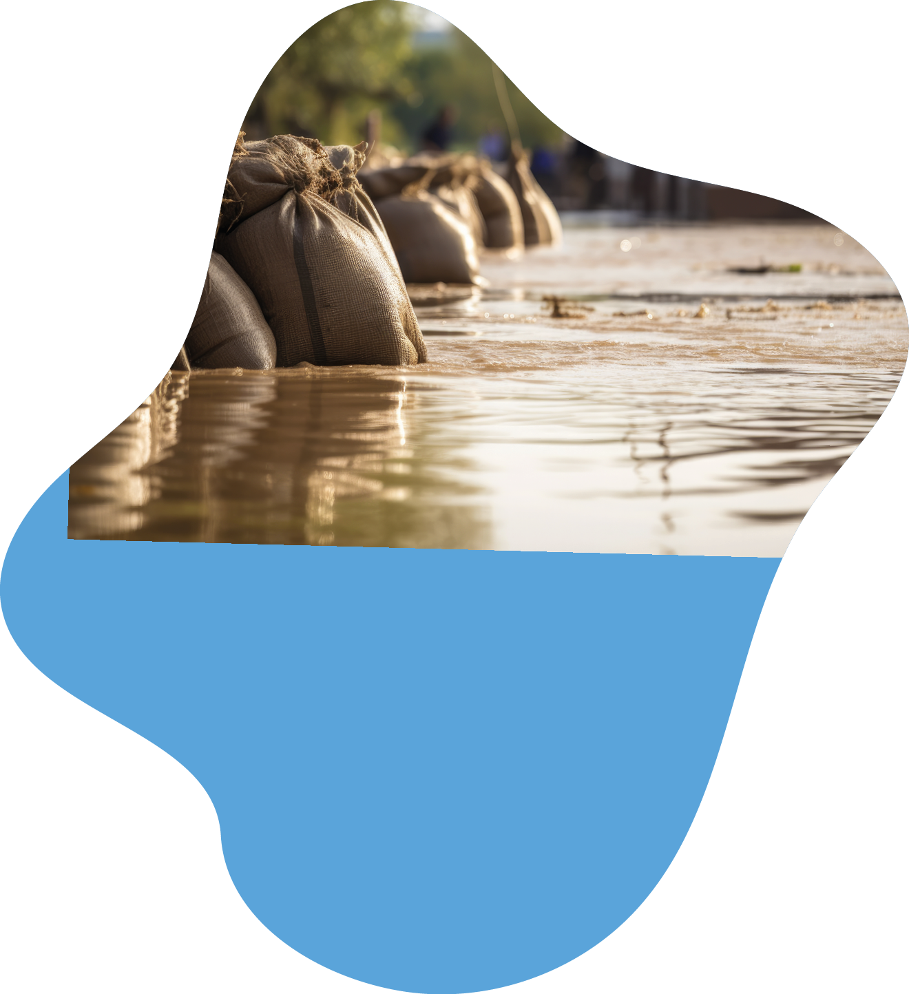 Close shot of flood Protection Sandbags with flooded homes in the background- Generative AI