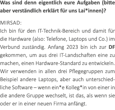 Was sind denn eigentlich eure Aufgaben (bitte aber verst ndlich erkl rt f r uns Lai*innen)? Mirsad: Ich bin f r den I...