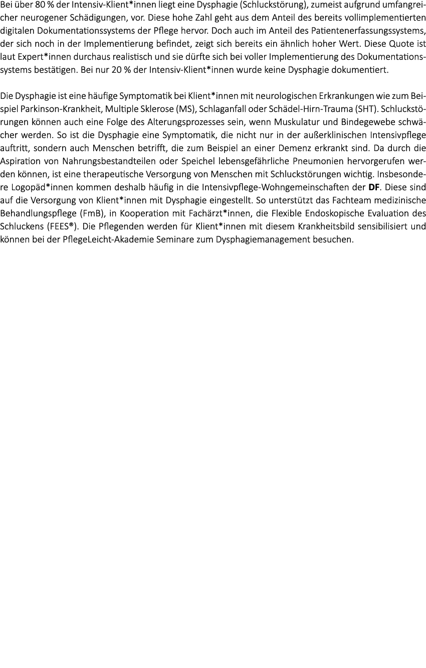 Bei ber 80 % der Intensiv Klient*innen liegt eine Dysphagie (Schluckst rung), zumeist aufgrund umfangreicher neuroge...