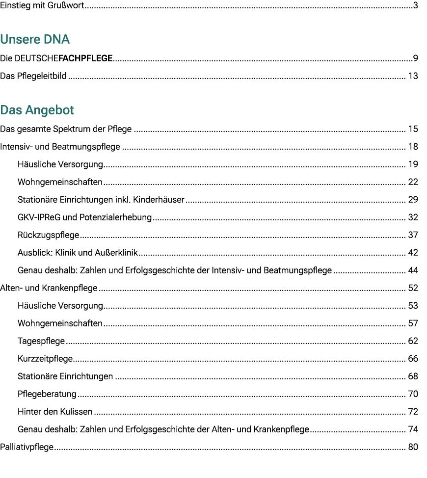 Einstieg mit Gru wort 3 Unsere DNA Die DEUTSCHEFACHPFLEGE 9 Das Pflegeleitbild 13 Das Angebot Das gesamte Spektrum de...