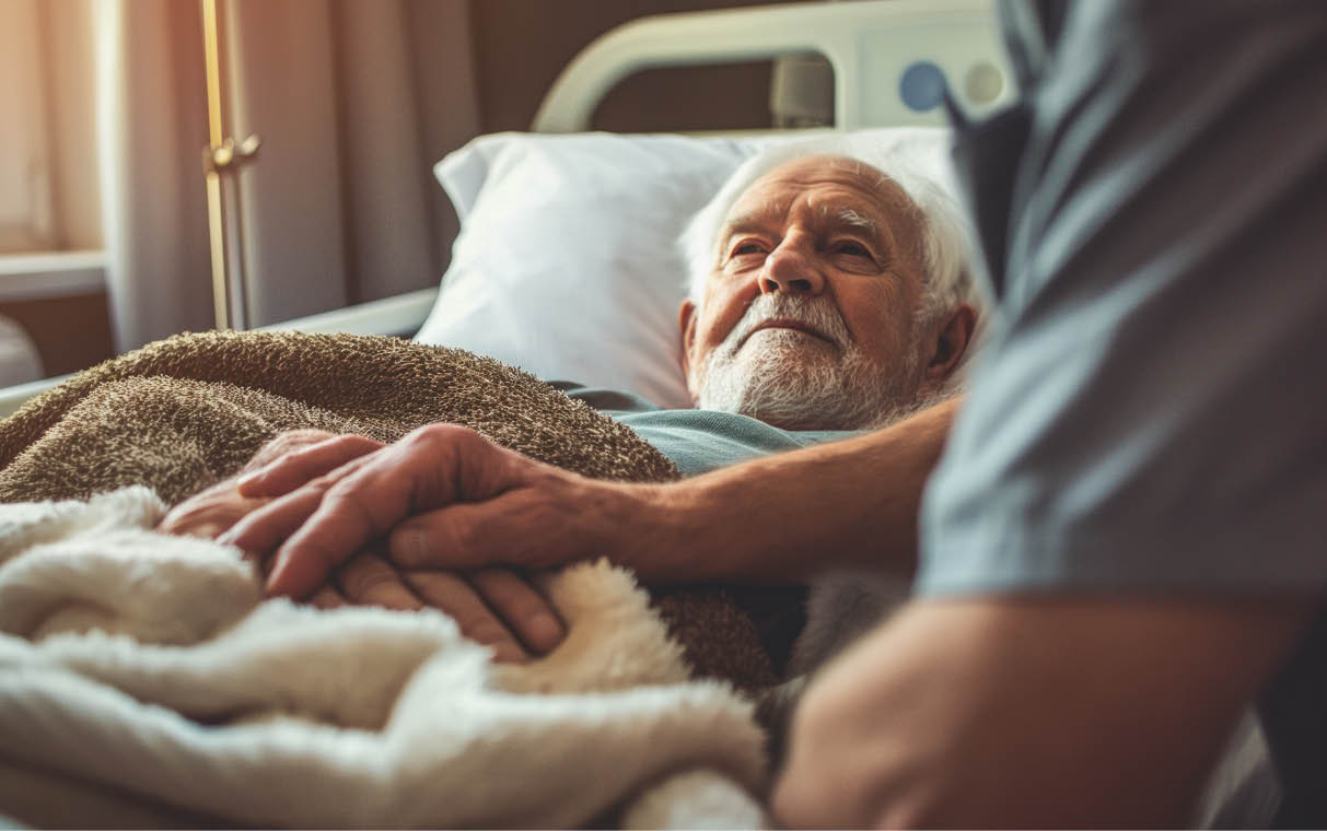 An elderly patient lies in bed, a nurse carefully holds his hand, Cozy hospital room with soft lighting, Calmness, care, stock photo, light --ar 3:2 --style raw Job ID: abbbc914-baf3-4a91-885d-385d306a7213