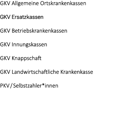 GKV Allgemeine Ortskrankenkassen GKV Ersatzkassen GKV Betriebskrankenkassen GKV Innungskassen GKV Knappschaft GKV Lan...