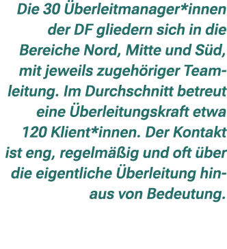 Die 30 berleitmanager*innen der DF gliedern sich in die Bereiche Nord, Mitte und S d, mit jeweils zugeh riger Teamle...