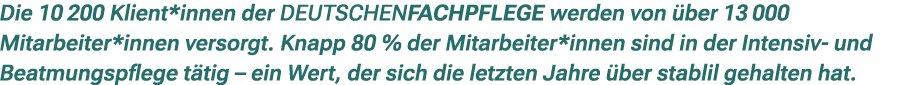 Die 10 200 Klient*innen der DEUTSCHENFACHPFLEGE werden von ber 13 000 Mitarbeiter*innen versorgt. Knapp 80 % der Mit...