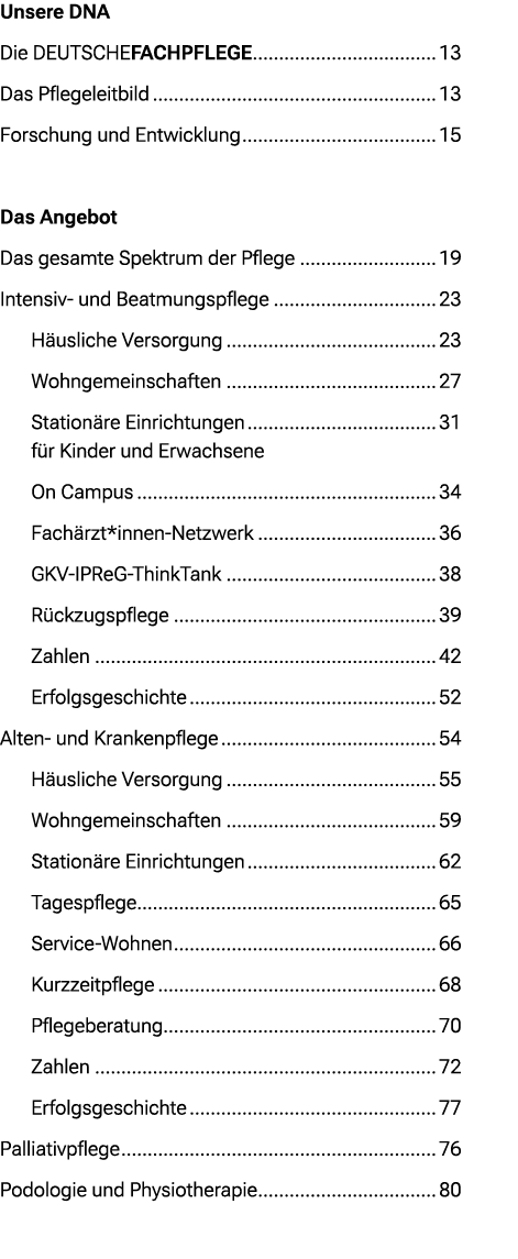 Unsere DNA Die DEUTSCHEFACHPFLEGE 13 Das Pflegeleitbild 13 Forschung und Entwicklung 15 Das Angebot Das gesamte Spekt...